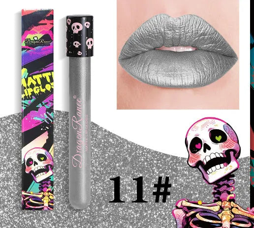 Halloween creative makeup lip gloss in skull test tube packaging with gold and silver matte shades