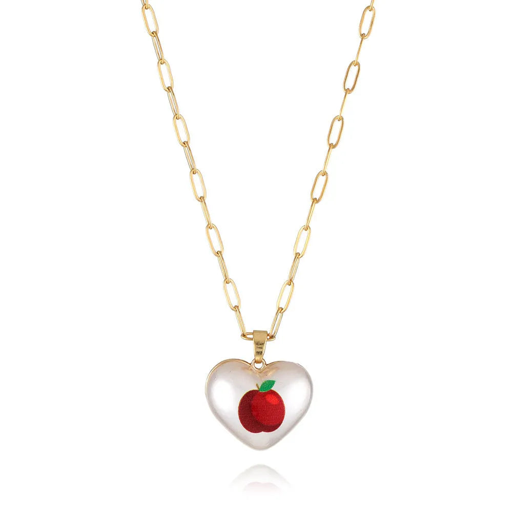 Geometric fruit charm necklace with an adjustable chain, shown in strawberry, pineapple, apple, pear, and cherry colour variants.