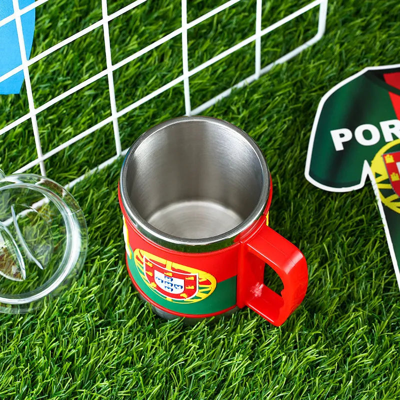 World Cup soccer mug souvenir, rubber and metal, 7.6cm diameter, team colour design