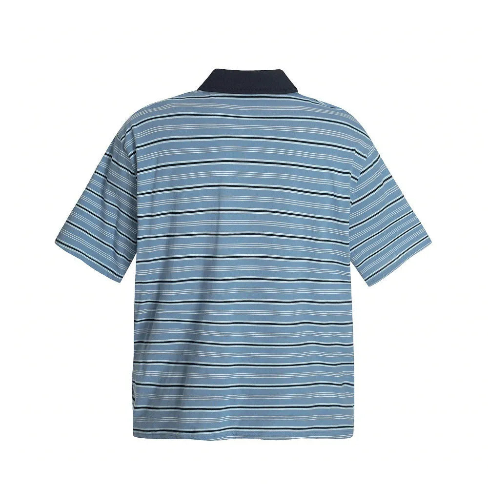 Man's blue stripe vintage cotton polo shirt with short sleeves and loose fit