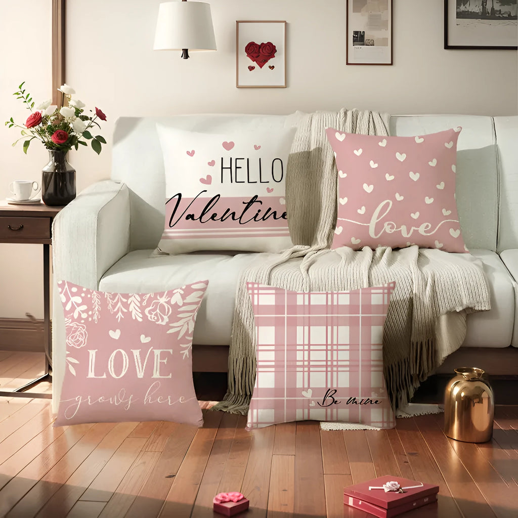 Square pillow cover with red and white plaid heart pattern for Valentine's Day decoration.
