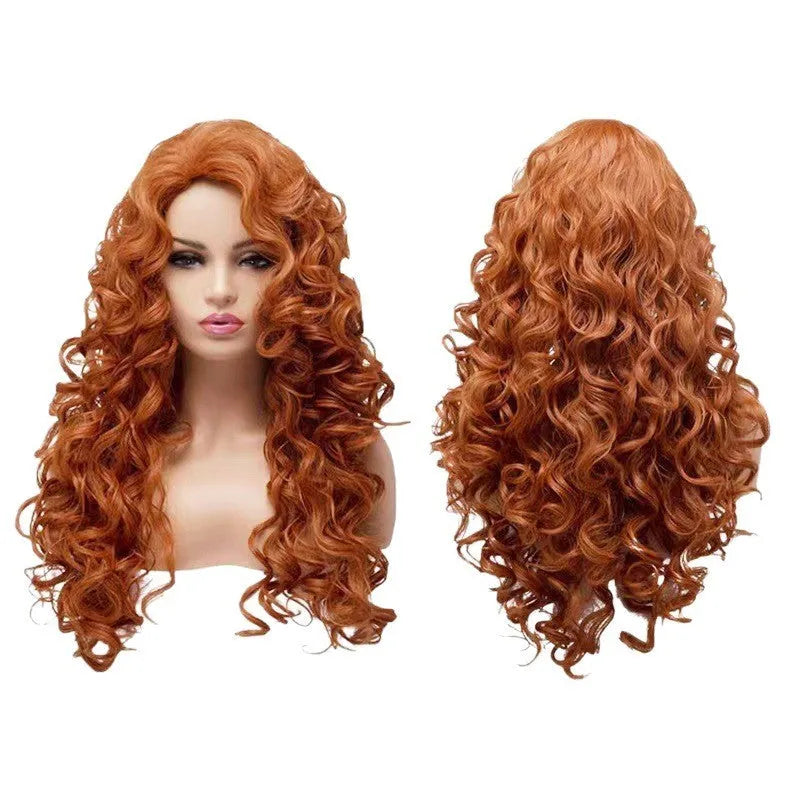 Brown long wavy curly cosplay wig with fluffy texture on display head