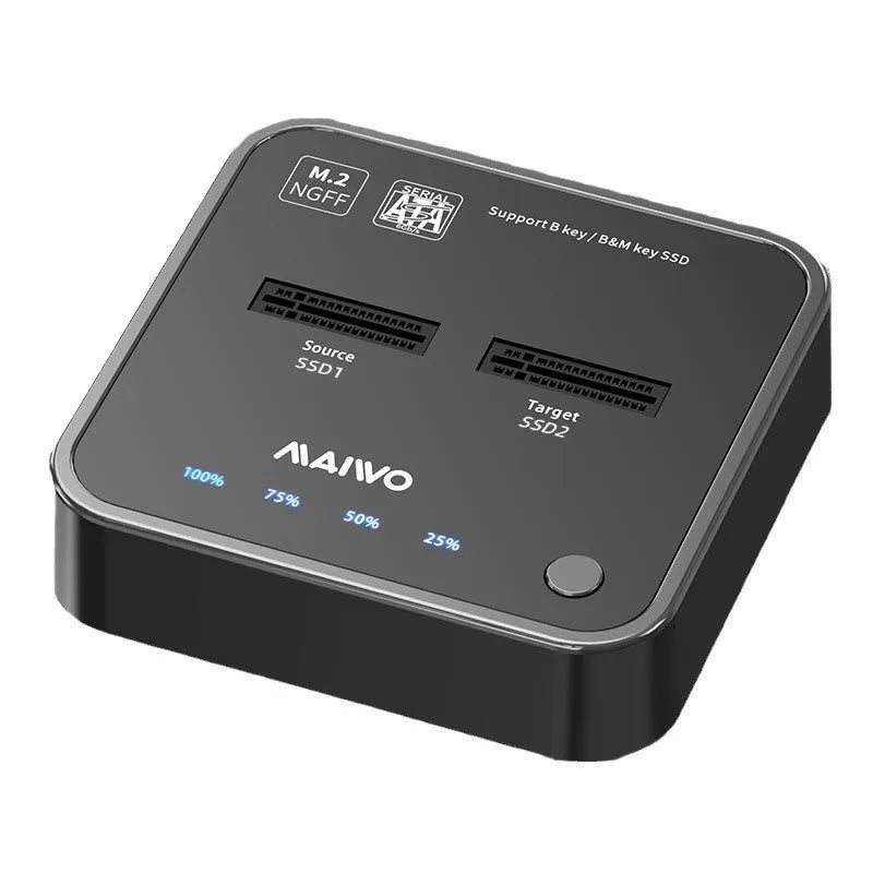 MAIWO K3016 M.2 solid state hard drive dock and copier unit with data cables and UK plug power adapter.