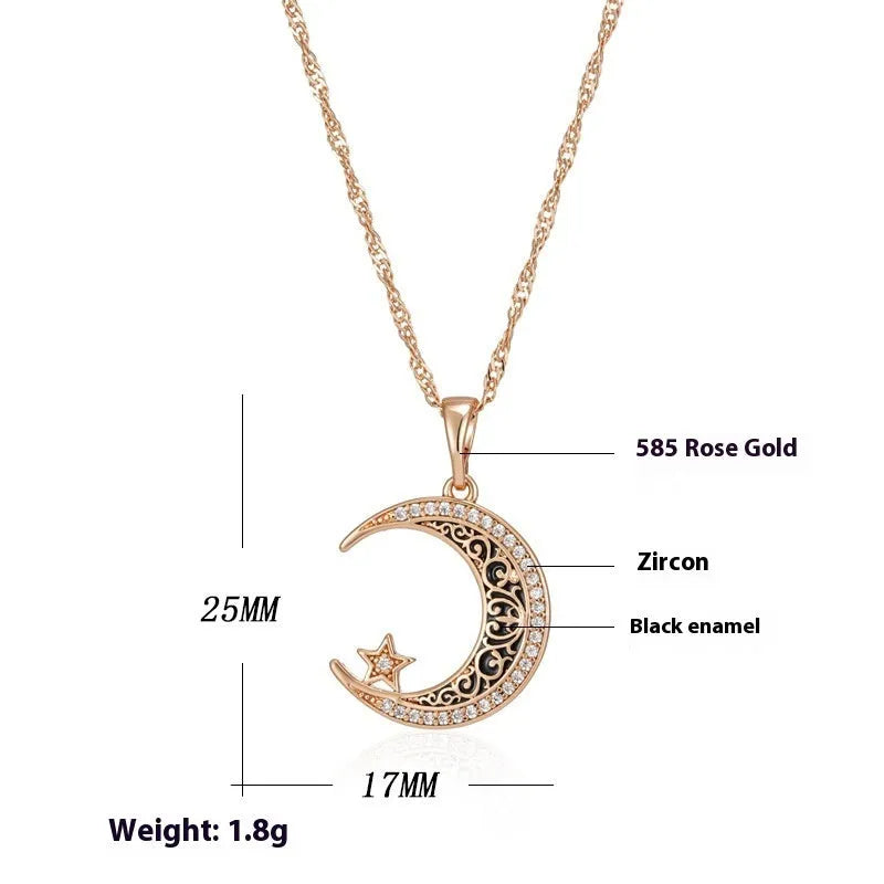 Rose gold star moon necklace with enamel zircon pendant on water wave chain