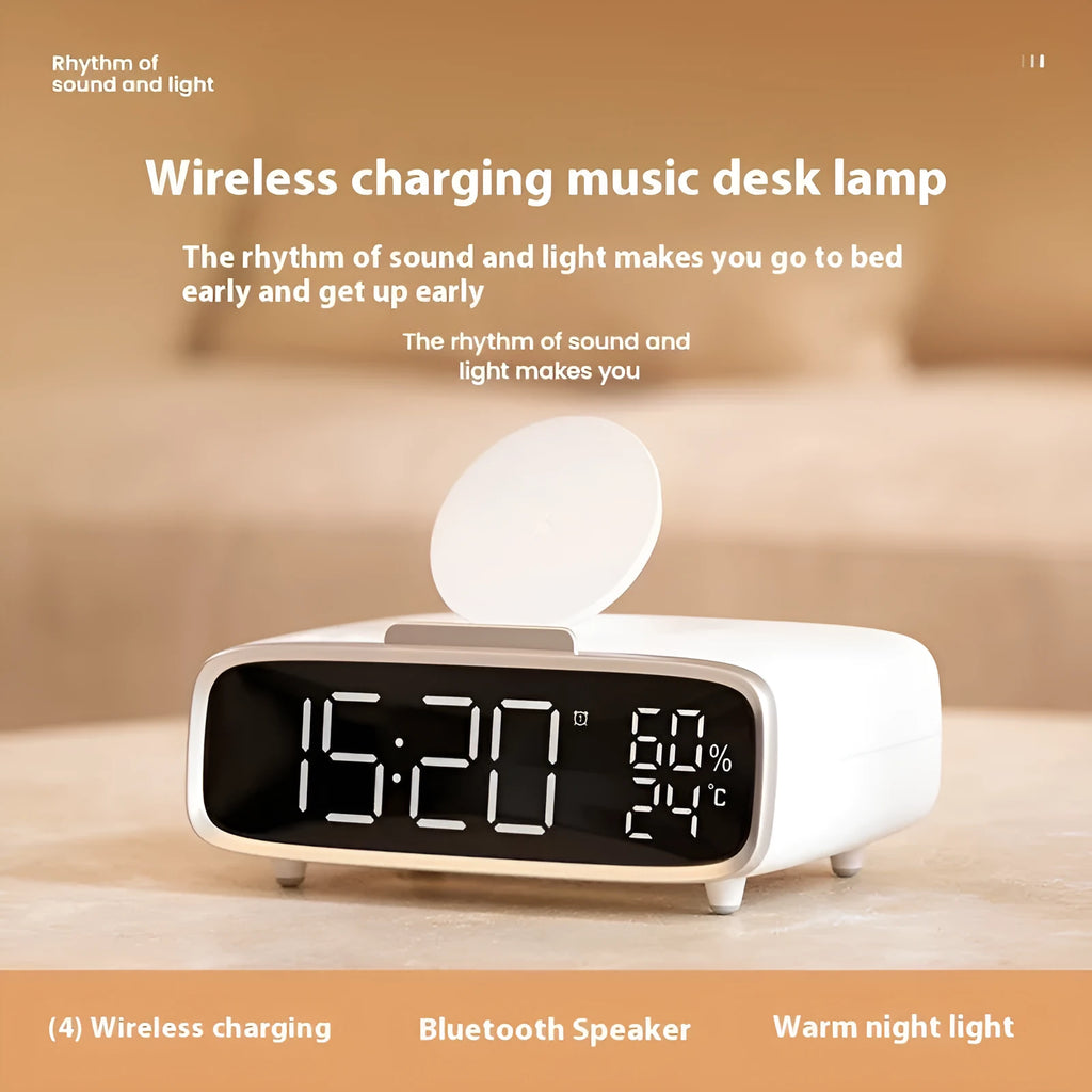 White Bluetooth speaker wireless charger with night lamp showing Qi charging surface and LED illumination