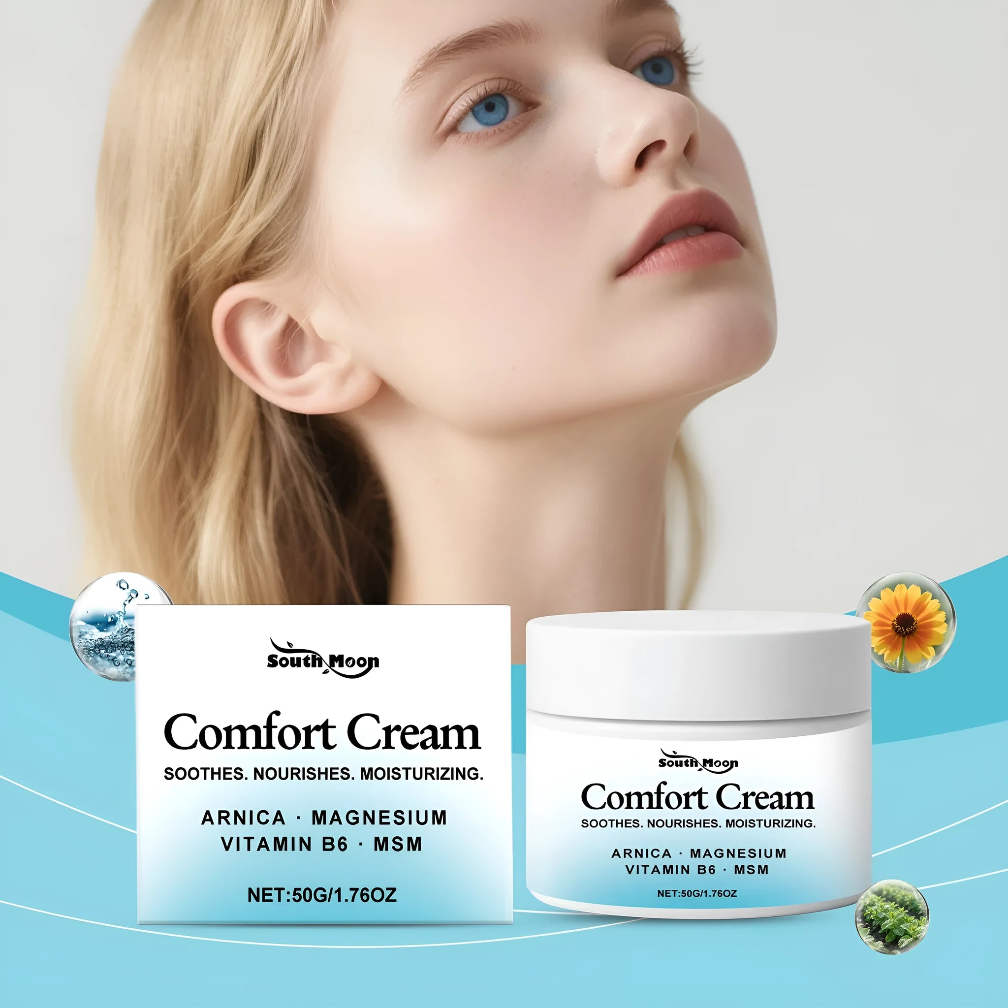 Gentle hydrating body moisturising cream in 5cm square white jar with 50g content