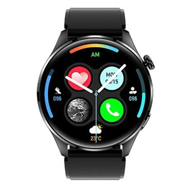 Smart watch with round colour screen and black silicone strap, showing Bluetooth calling interface.
