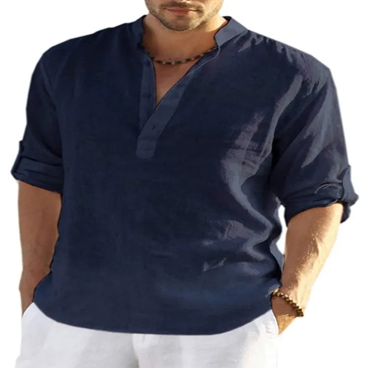 Men's casual cotton linen shirt in light blue with stand collar and button detail