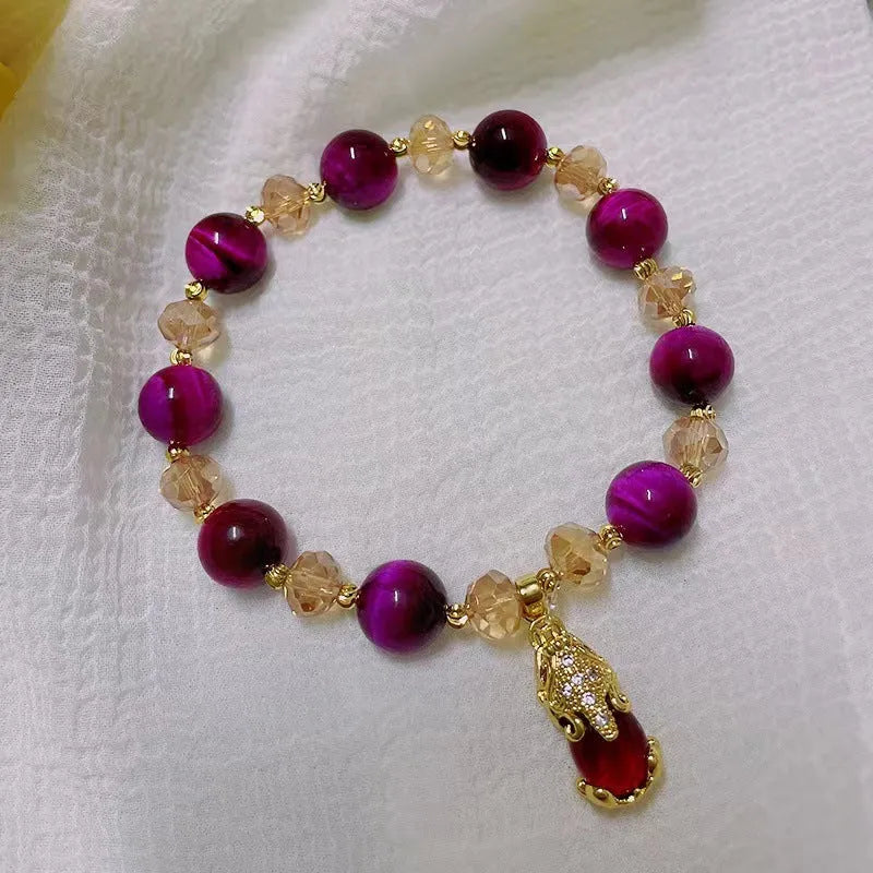 Handmade Tigereye crystal bracelet on a single chain and double chain in green and rose red styles.