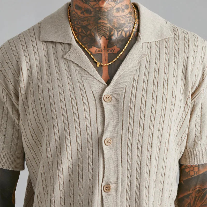Men's knitted button short-sleeved shirt in Silver Gray solid colour, slim fit, cotton blend fabric