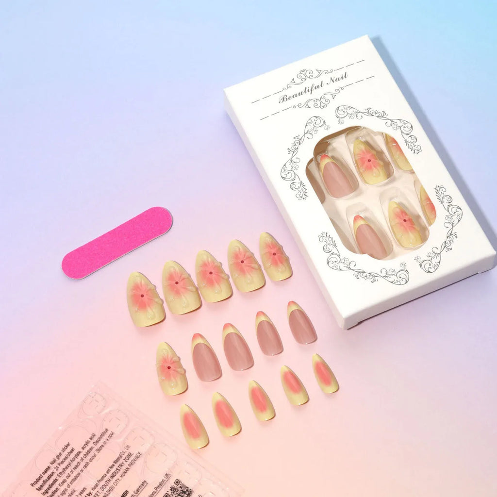 Set of plastic false nails with raised cartoon 3D flower design, jelly glue tube, and nail file.