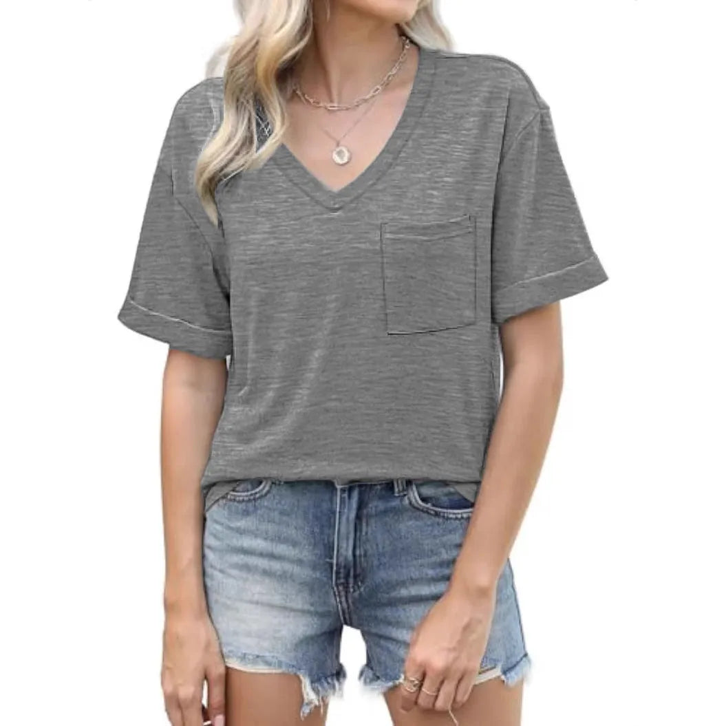 Grey loose V-neck pocket T-shirt with short sleeves on hanger