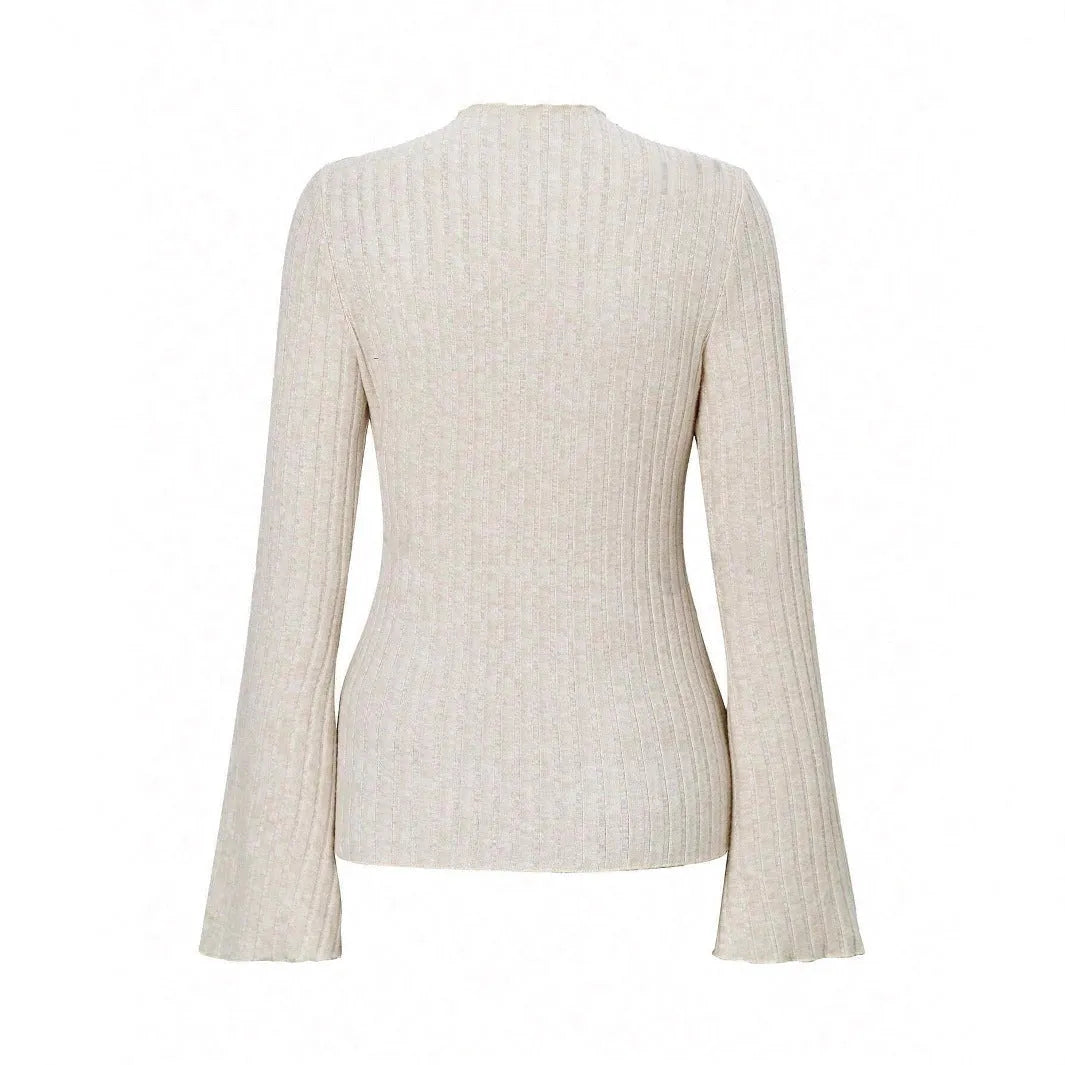 Long sleeve round neck top in brushed polyester with lantern sleeves and sunken stripe pattern