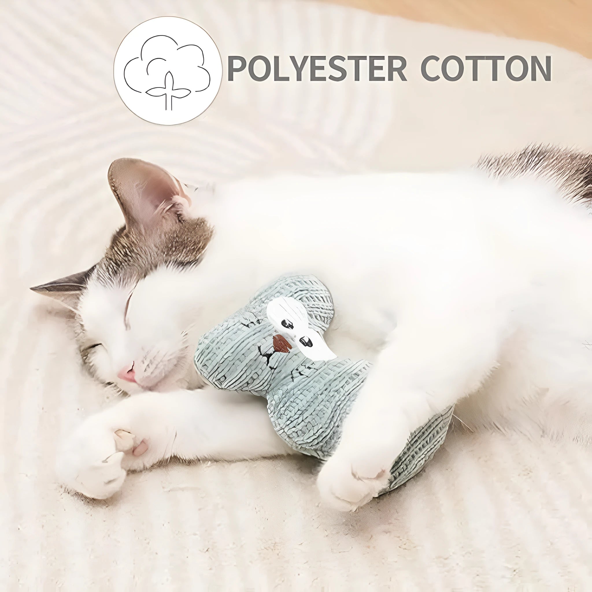 Cyan knitted plush cat toy with bell and organic catnip filling on a white background.