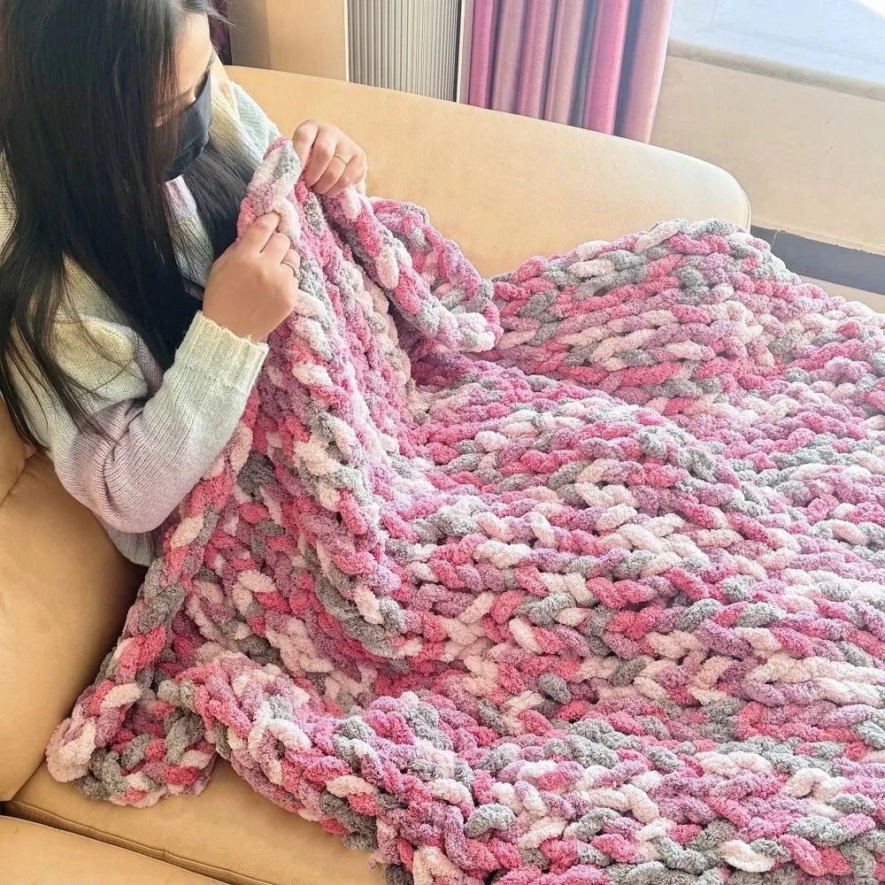 Coarse yarn chenille knitted blanket with braided gravity weighting in modern simplicity styling