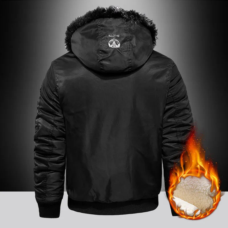 Thick casual polyester hooded coat for men in black, blue, and red colours