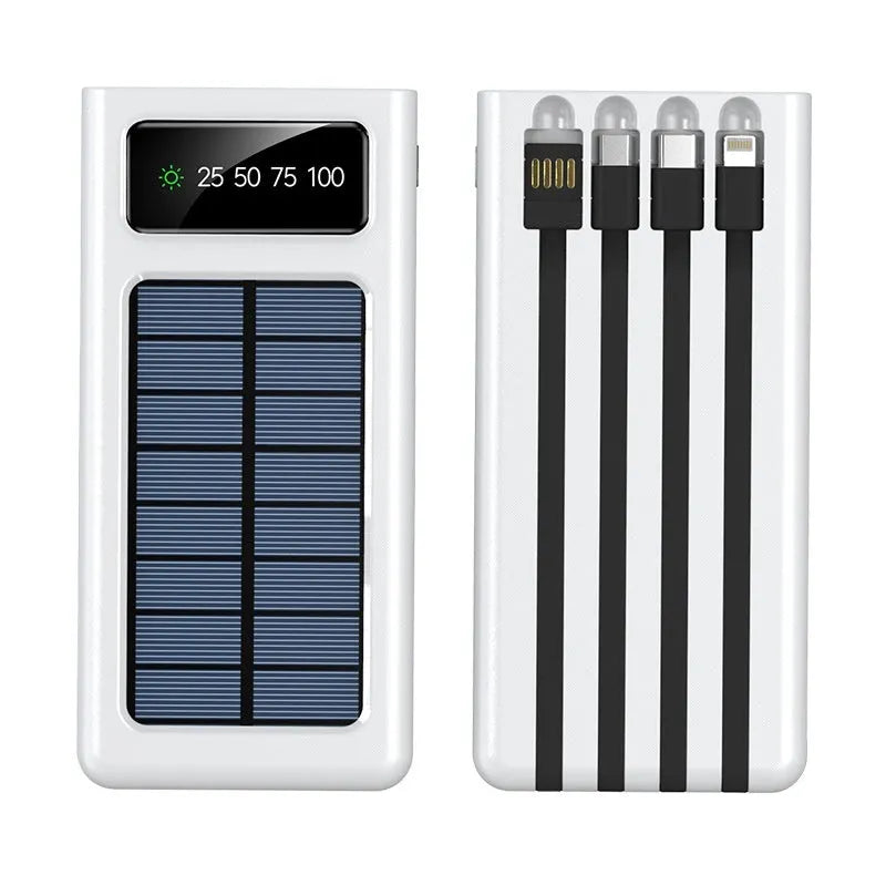 Black solar power bank with integrated charging cable showing 20000mAh capacity and solar panel