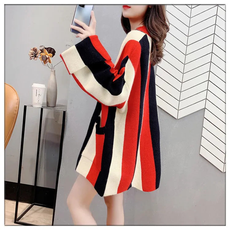 Striped colour stitching knitted cardigan for women, loose fit, long sleeves, available in green pink colourway