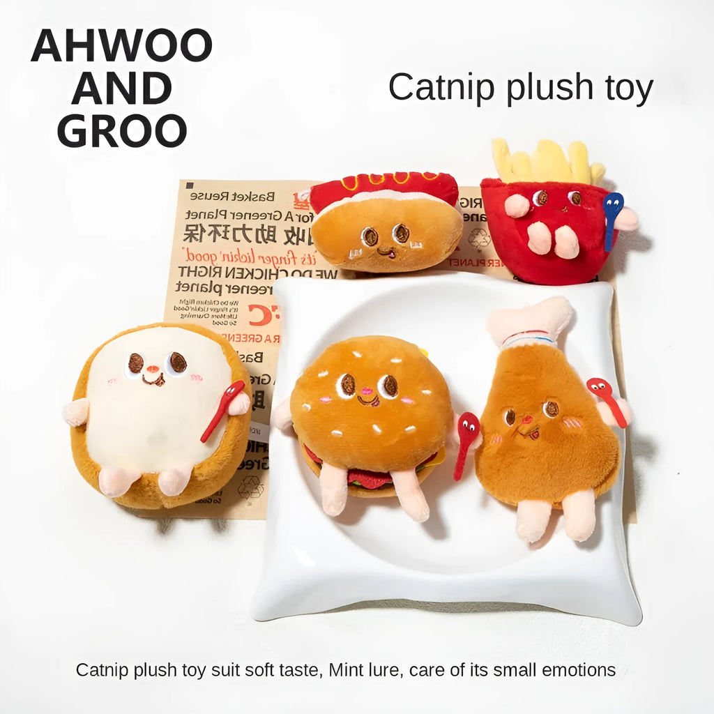 Assorted soft kitten teething toys shaped like a hamburger, chicken leg, fries, bread, and hot dog.