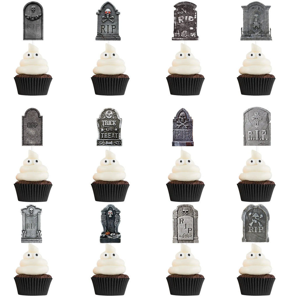 12 paper Halloween tombstone cake decoration flags featuring horror designs in two styles