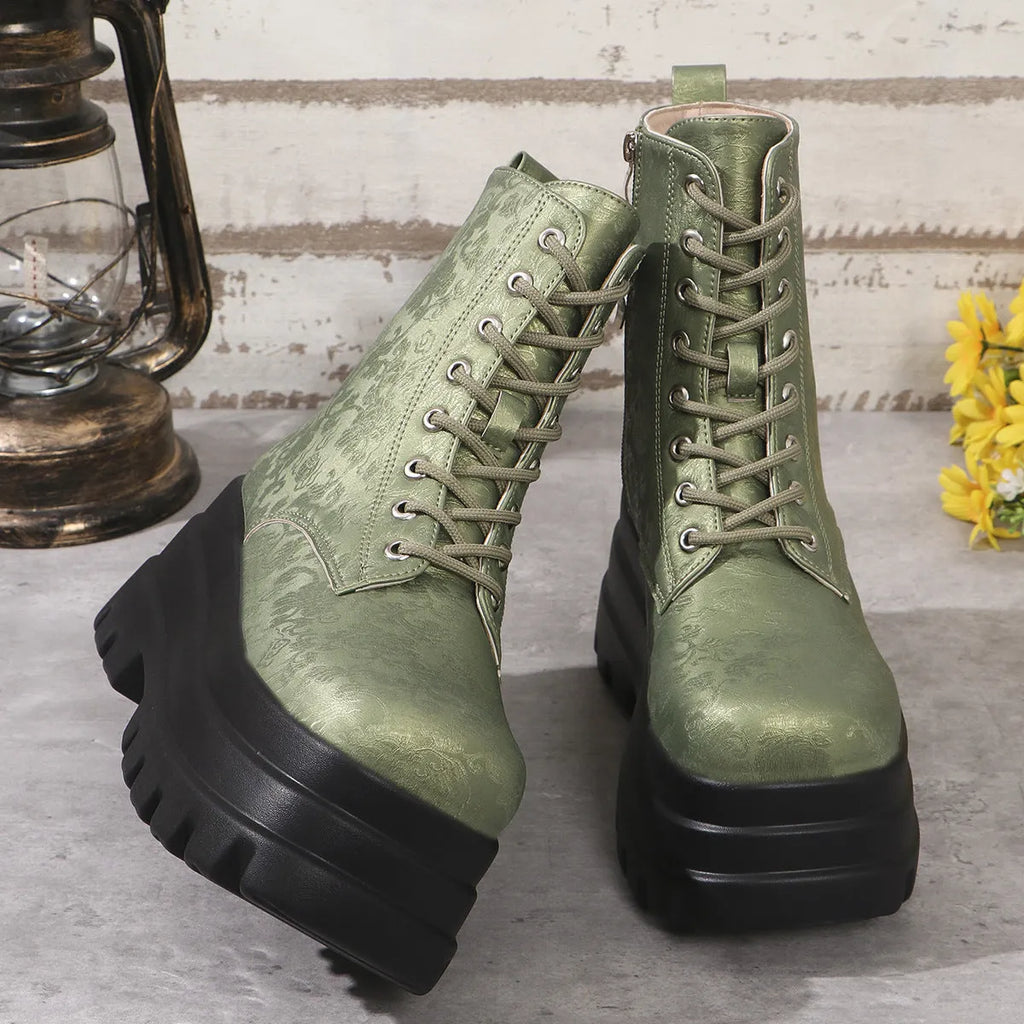Women's mid-calf retro patchwork Martin boots with platform heel and side zip in black, green or white