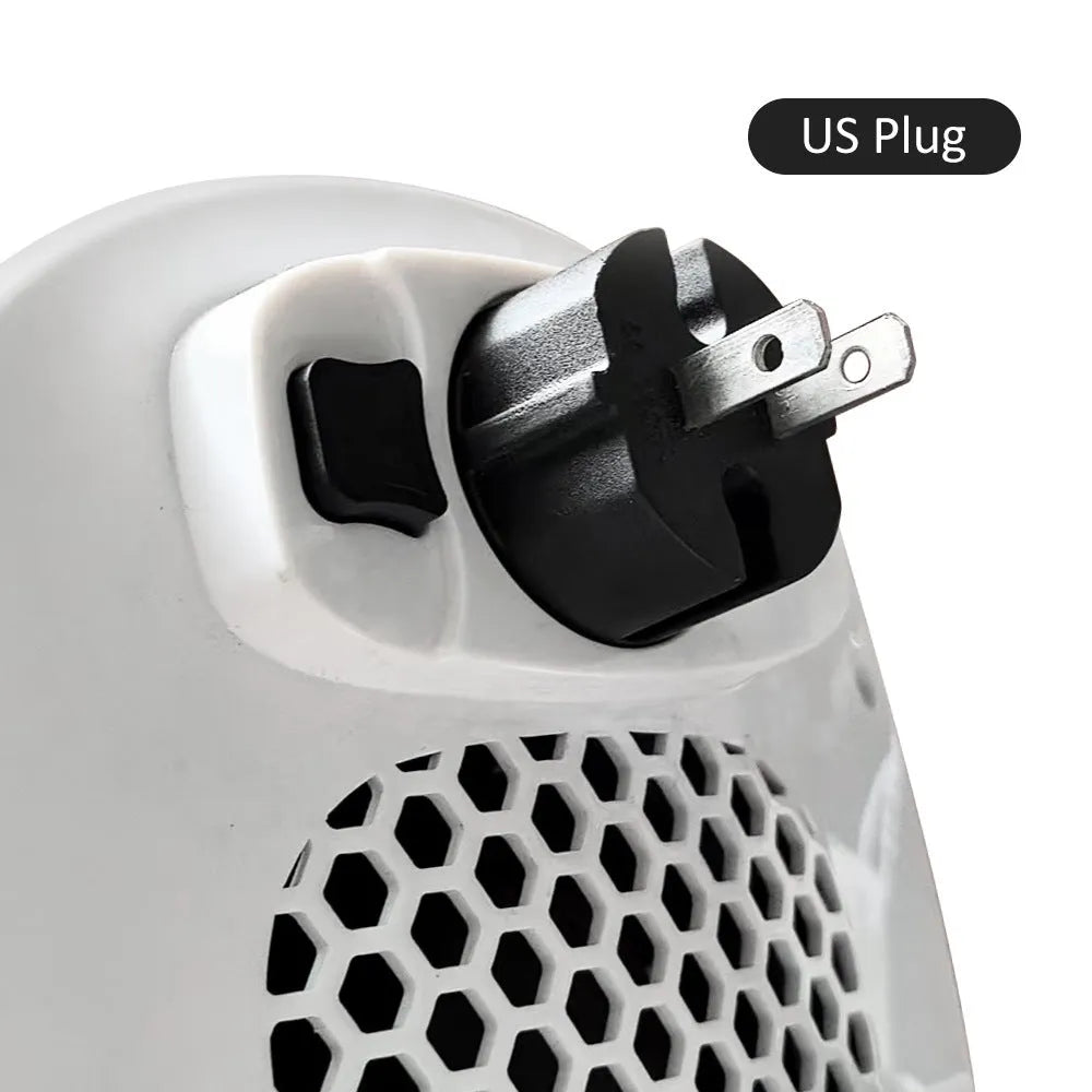 White ceramic heating electric blower heater with remote control on table