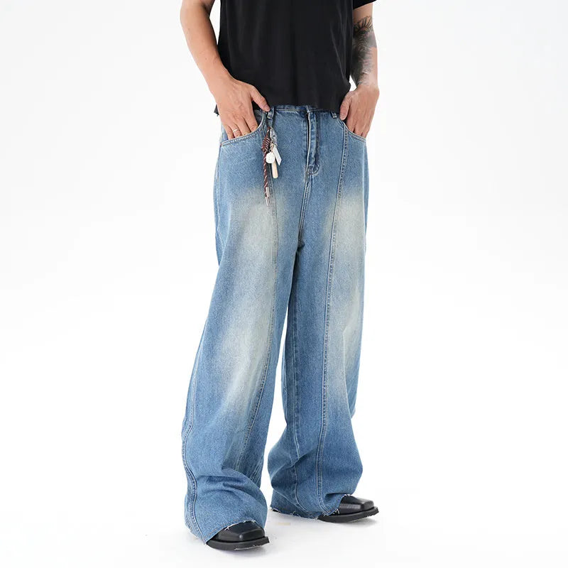 Light blue vintage washed wide leg machete jeans with zip fly closure on size chart