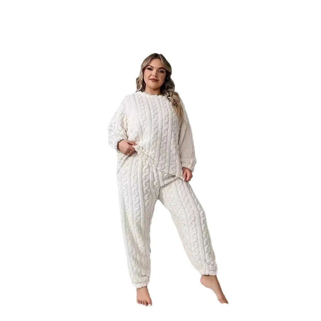 Women's milky white plush polyester two-piece pants set with crew neck top and matching trousers