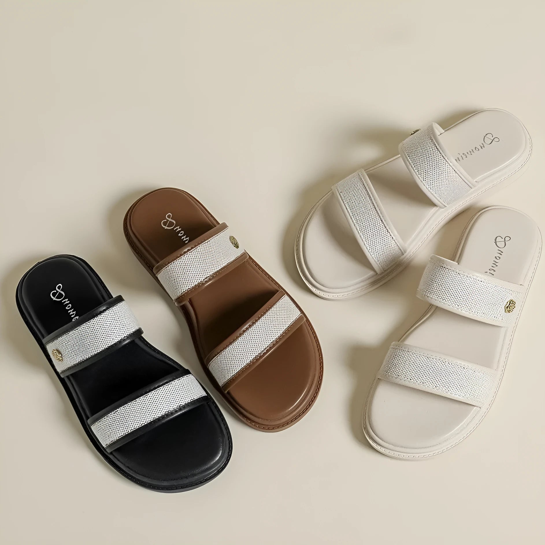 Women's vintage brown and black soft-bottom flip-flops made from artificial PU leather, showing retro strap design.