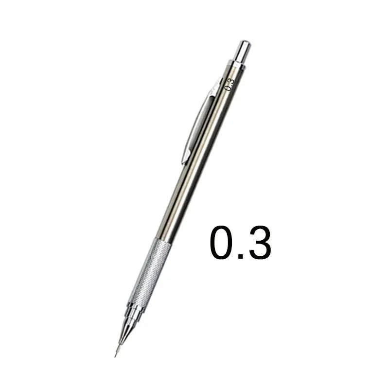 Metal automatic mechanical pencil compatible with five sizes of 2B lead refills.