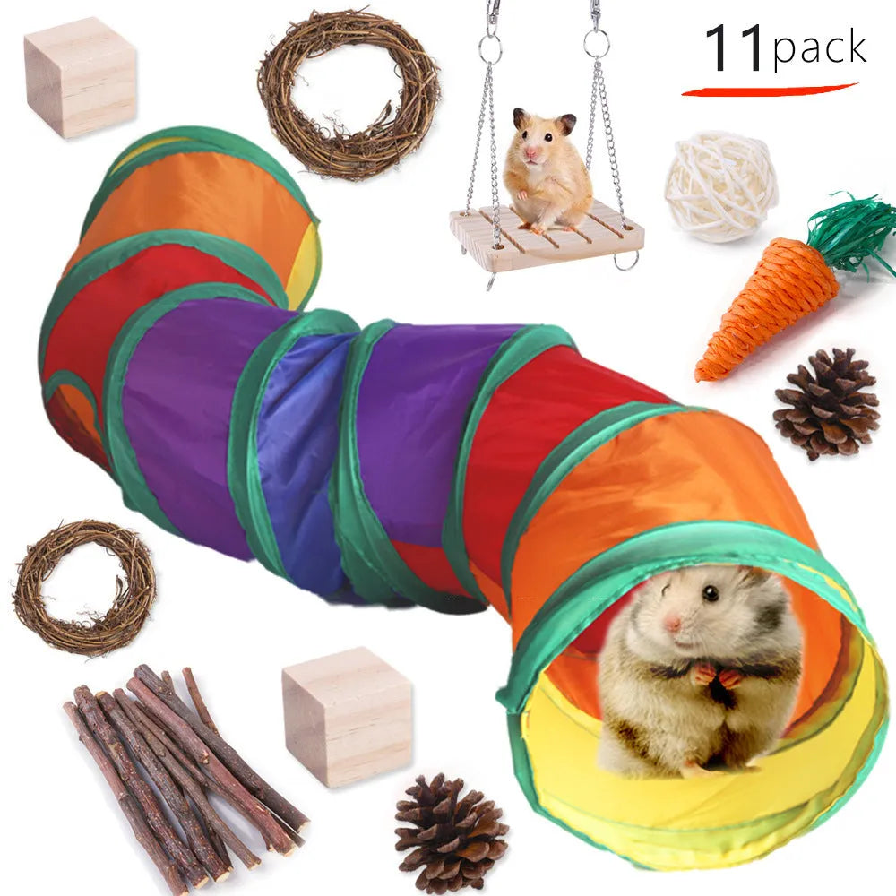 Wooden pet toy set with molar stick, straw mattress and woven balls for rabbits, guinea pigs and parrots