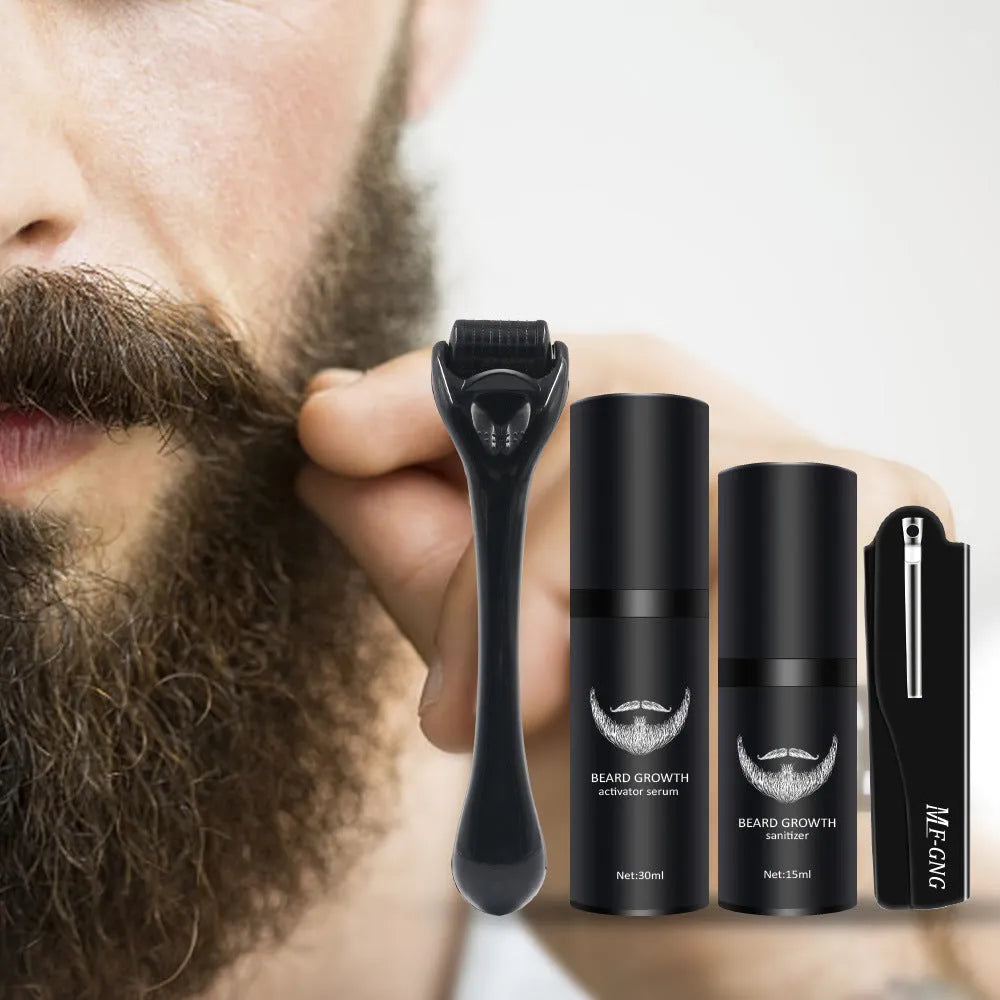 Men's beard grooming kit with beard roller, disinfectant, and SPF50 moisturiser in Suit series Style A packaging