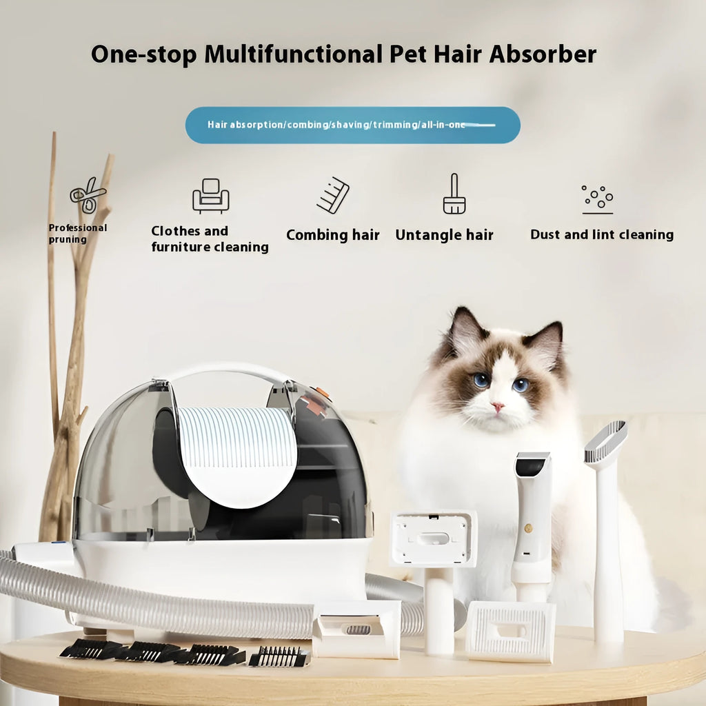 Pink and white pet hair vacuum cleaner with grooming attachments including an electric shear on a flat surface.