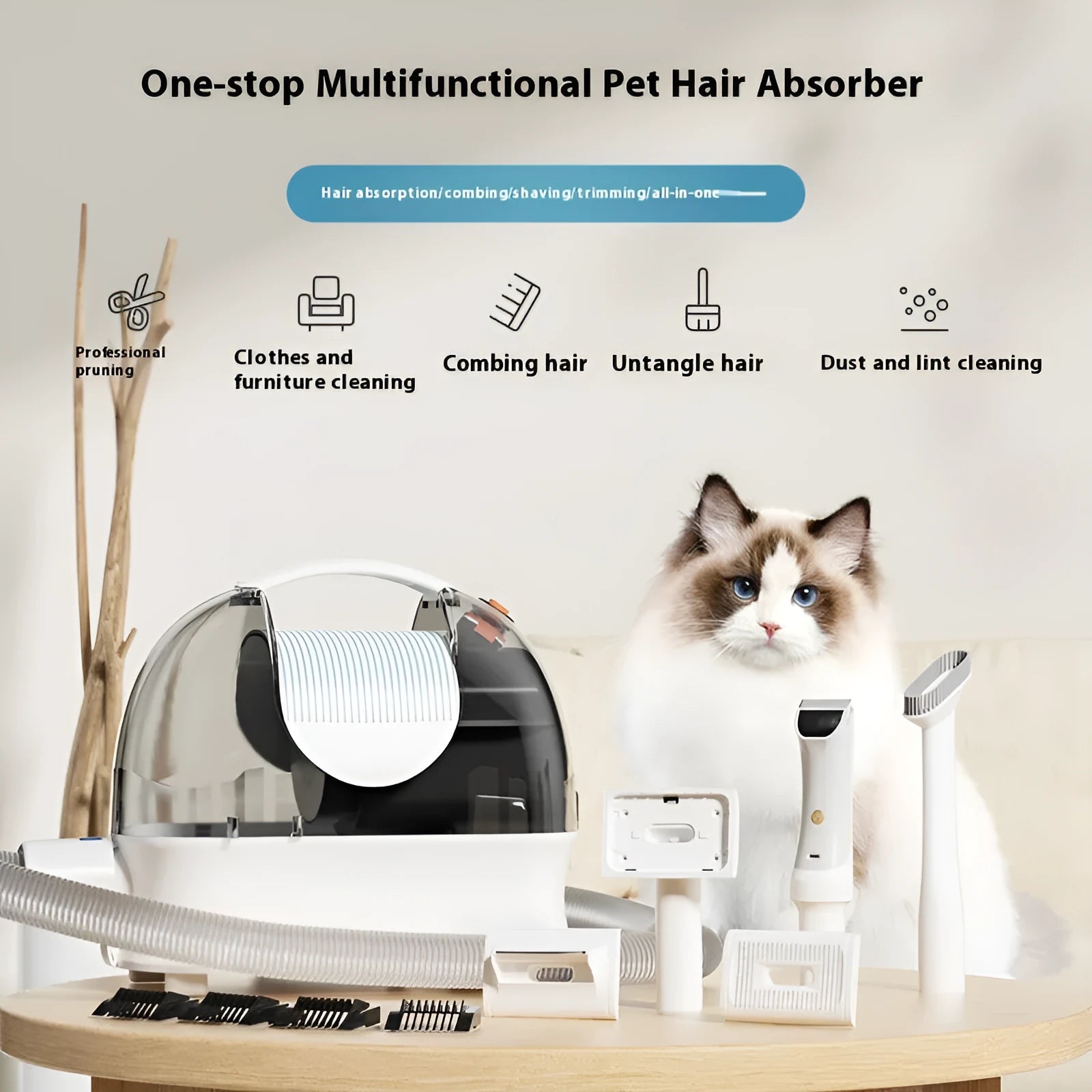 Pink and white pet hair vacuum cleaner with grooming attachments including an electric shear on a flat surface.