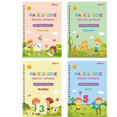 English children's groove magic practice set with double-sided notched post book, pen, and ten pen refills for calligraphy control training