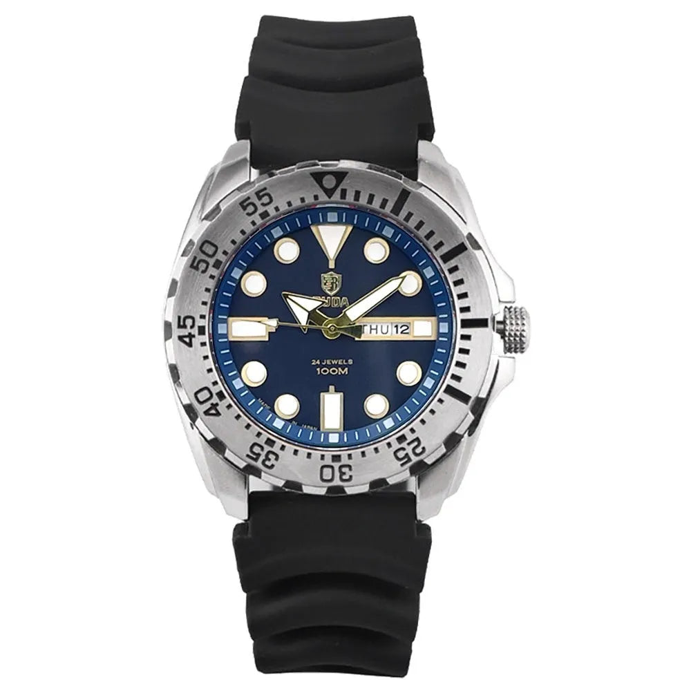 Waterproof men's sports watch with luminous quartz movement showing blue dial and steel strap option