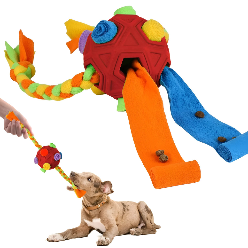 TPE sniffing ball dog puzzle toy showing textured surface with openings for treat dispensing