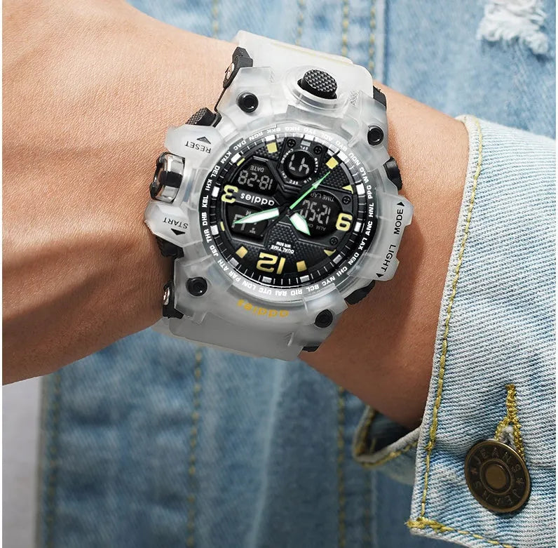 Electronic dual-display sports watch with plastic case and 50m waterproof rating