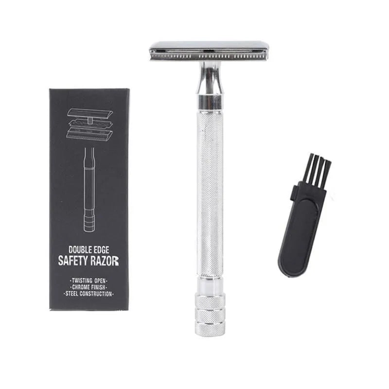Traditional manual shaving razor and brush combination set in metal construction