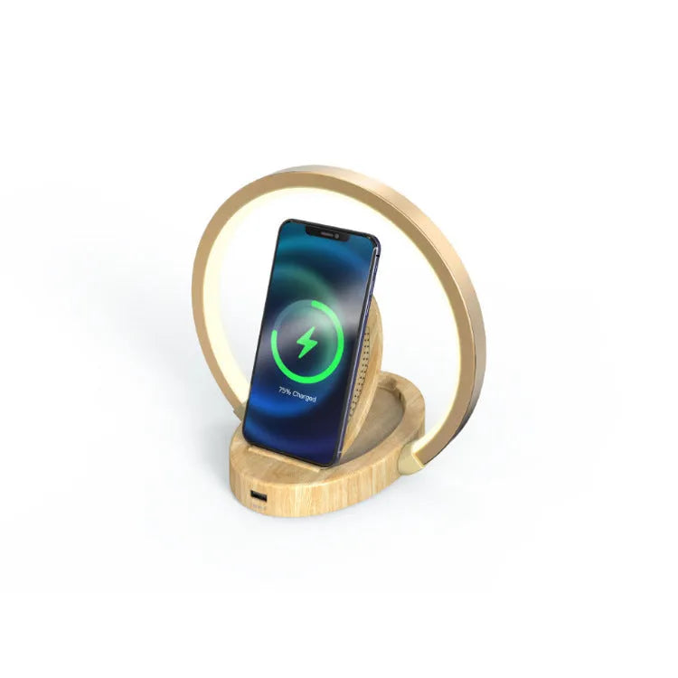 Night light lamp Bluetooth speaker table light with 10W wireless charger USB port phone holder in black finish