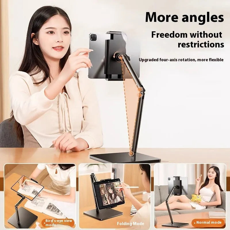 Alloy desktop bracket holding a mobile phone with adjustable arms for live streaming and shooting