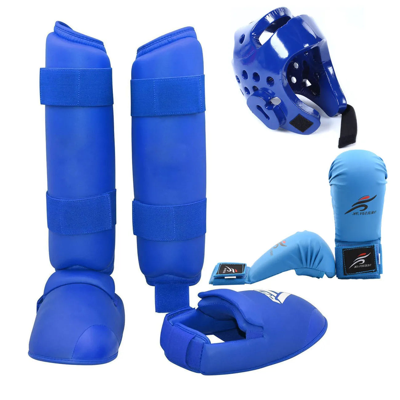 Karate protective gear set showing red leg guards, helmet and boxing gloves for martial arts training