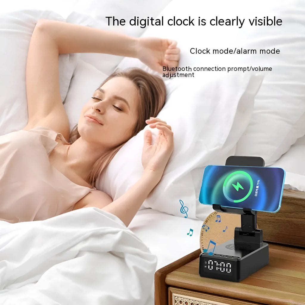 Multi-function Bluetooth speaker phone holder desktop bracket in black with 15W wireless charging pad.
