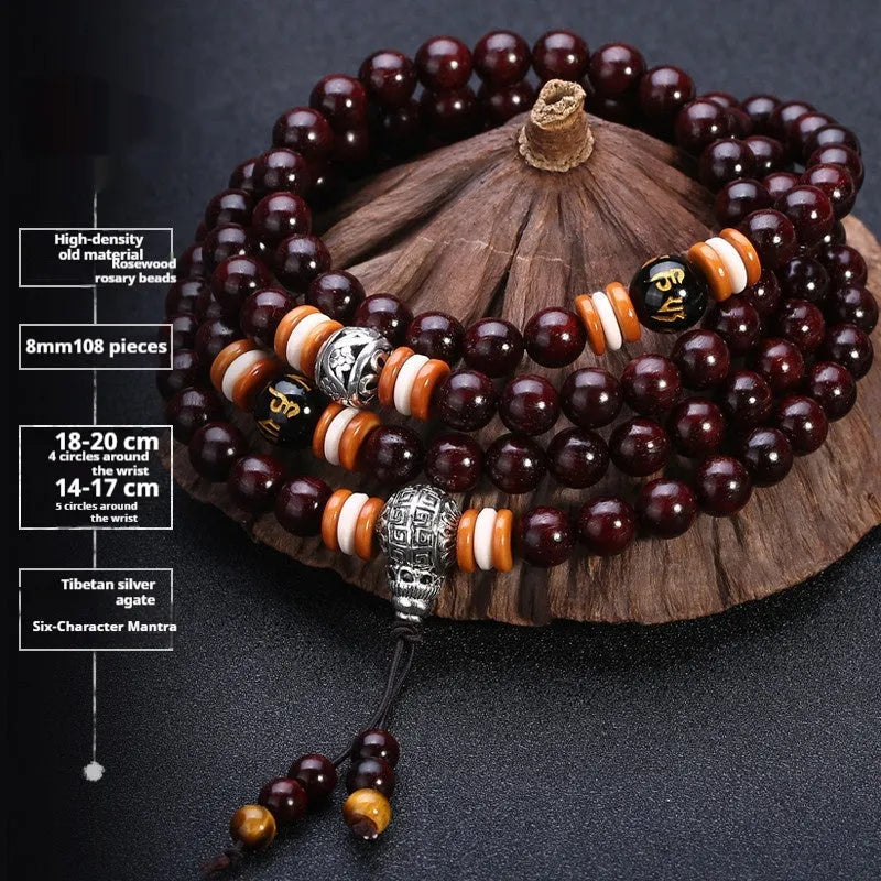 Men's rosewood bracelet with 108 beads, showing 6mm and 8mm size options alongside styles like lapis lazuli and turquoise.
