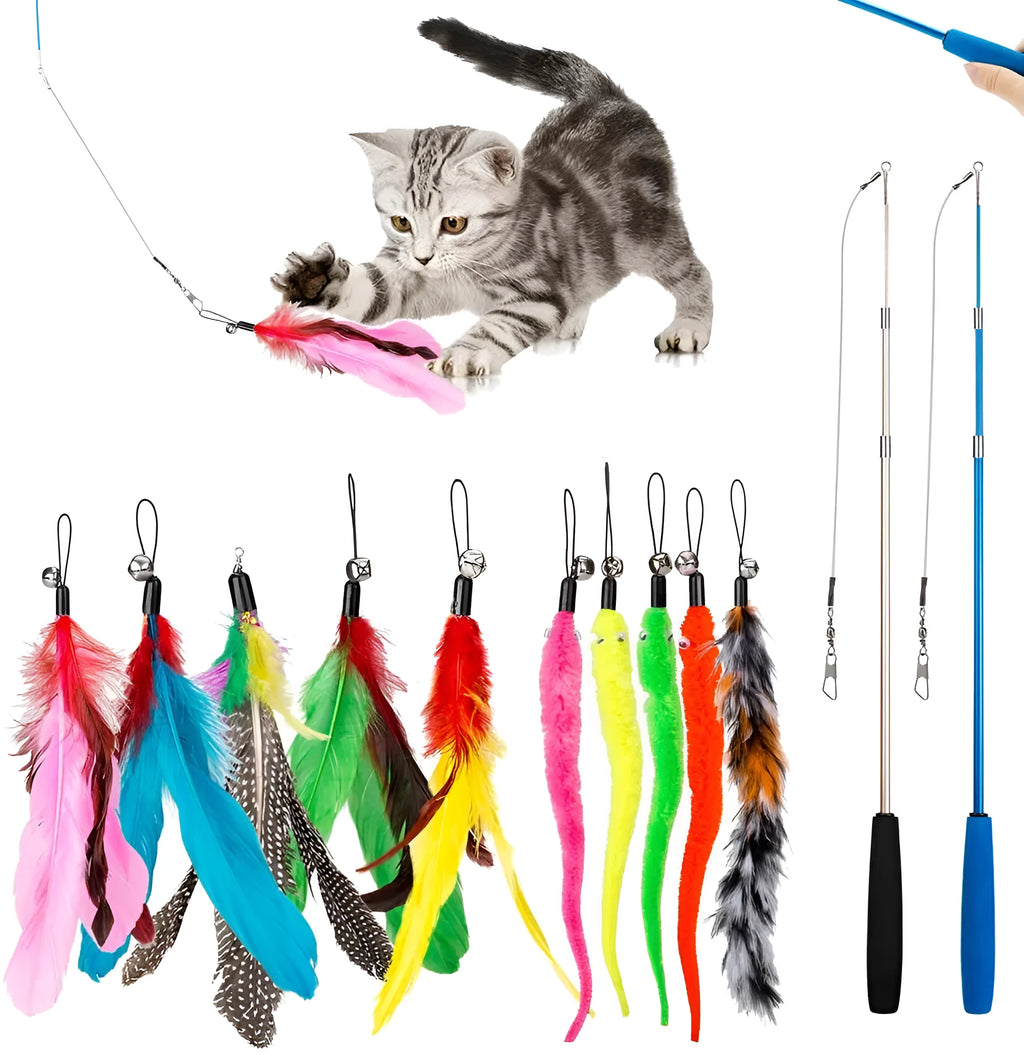 Cat feather teaser wand set showing two telescopic poles with replaceable feather attachments