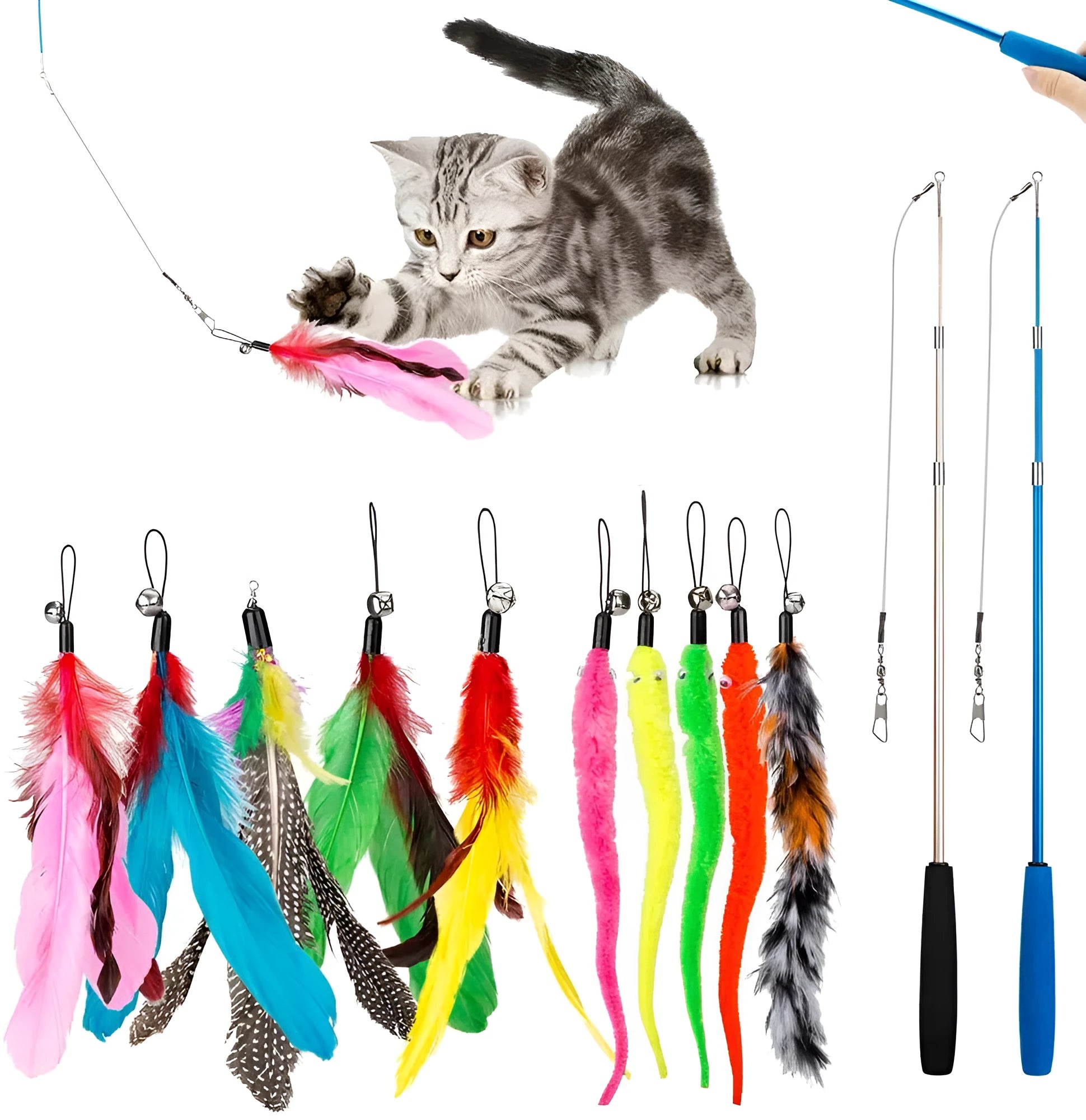 Cat feather teaser wand set showing two telescopic poles with replaceable feather attachments