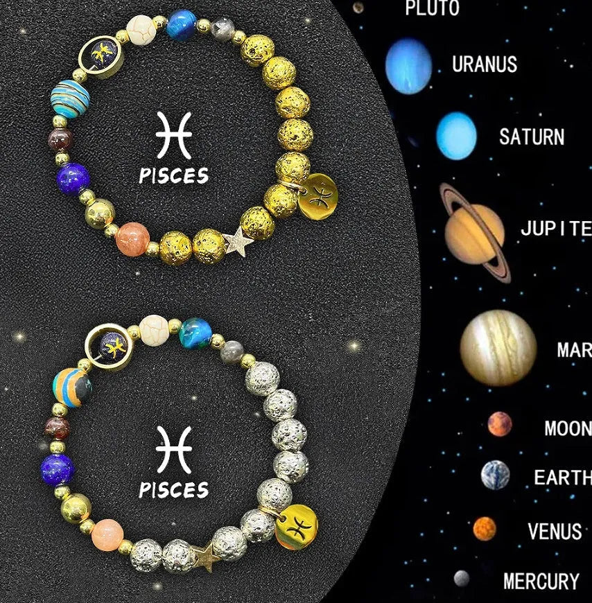 Set of two natural stone beaded bracelets with Zodiac sign charms on a dark background.