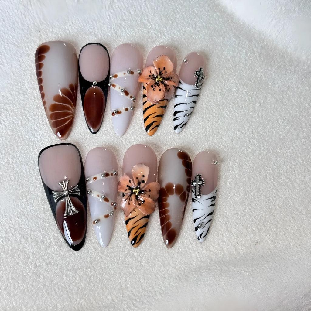 Handmade French style leopard, cross and flower print long tip nail stickers in sizes XS to L.