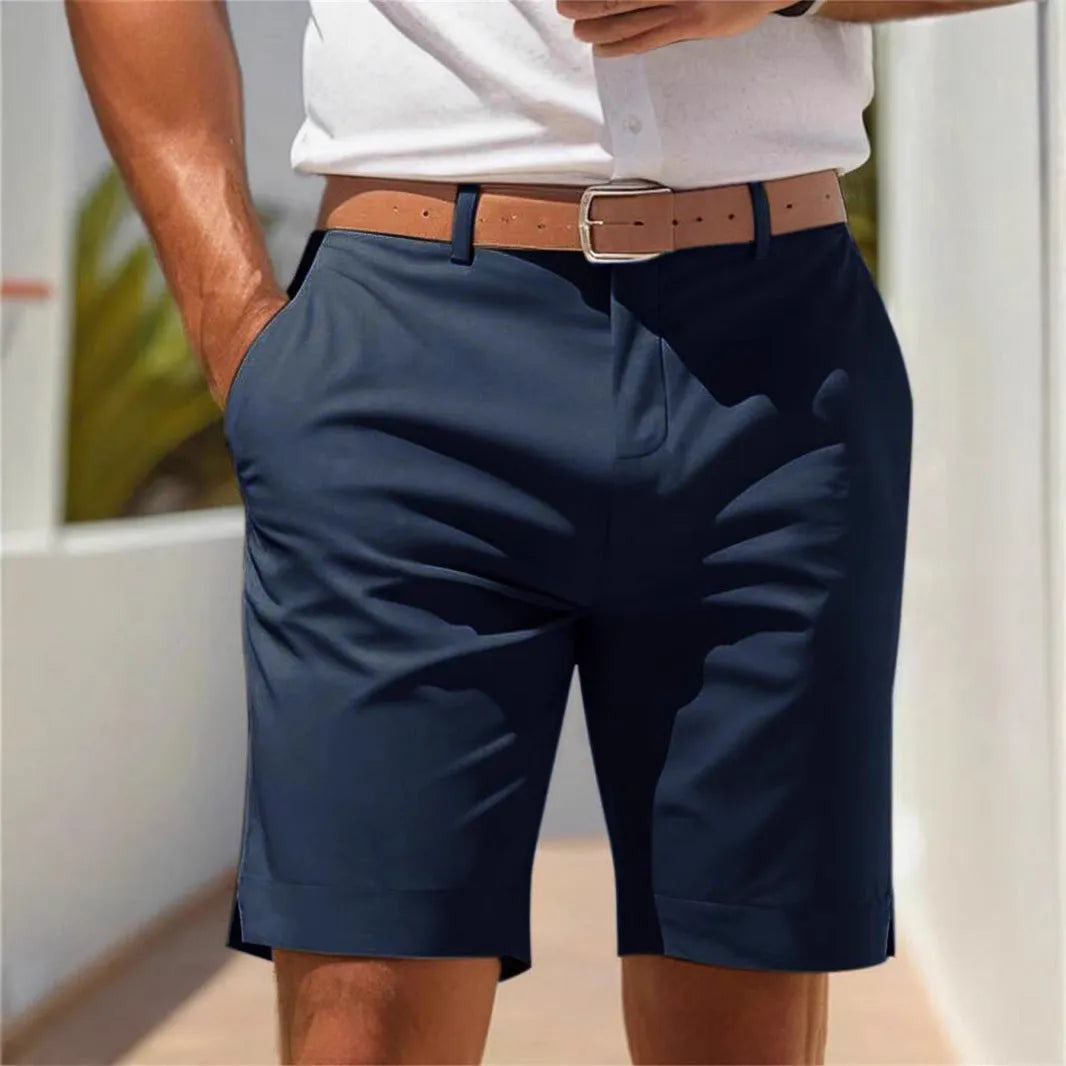 Men's light grey polyester business shorts with straight leg cut on hanger