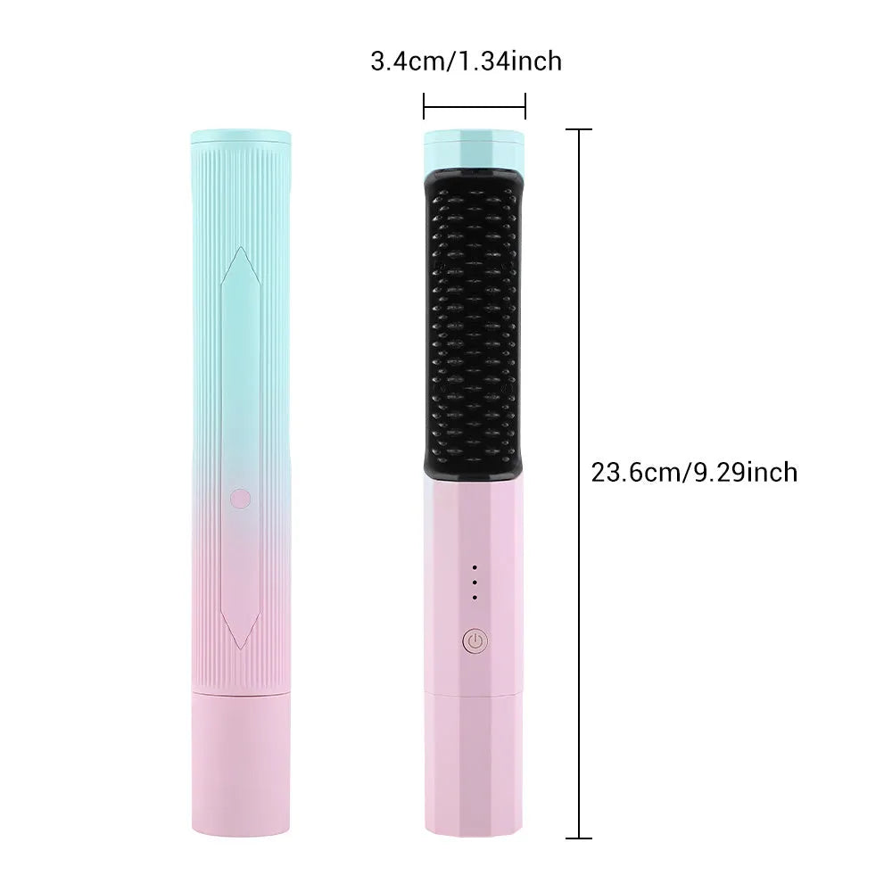 Cordless rechargeable straightening comb in pink, with ABS nylon body and USB charging cable